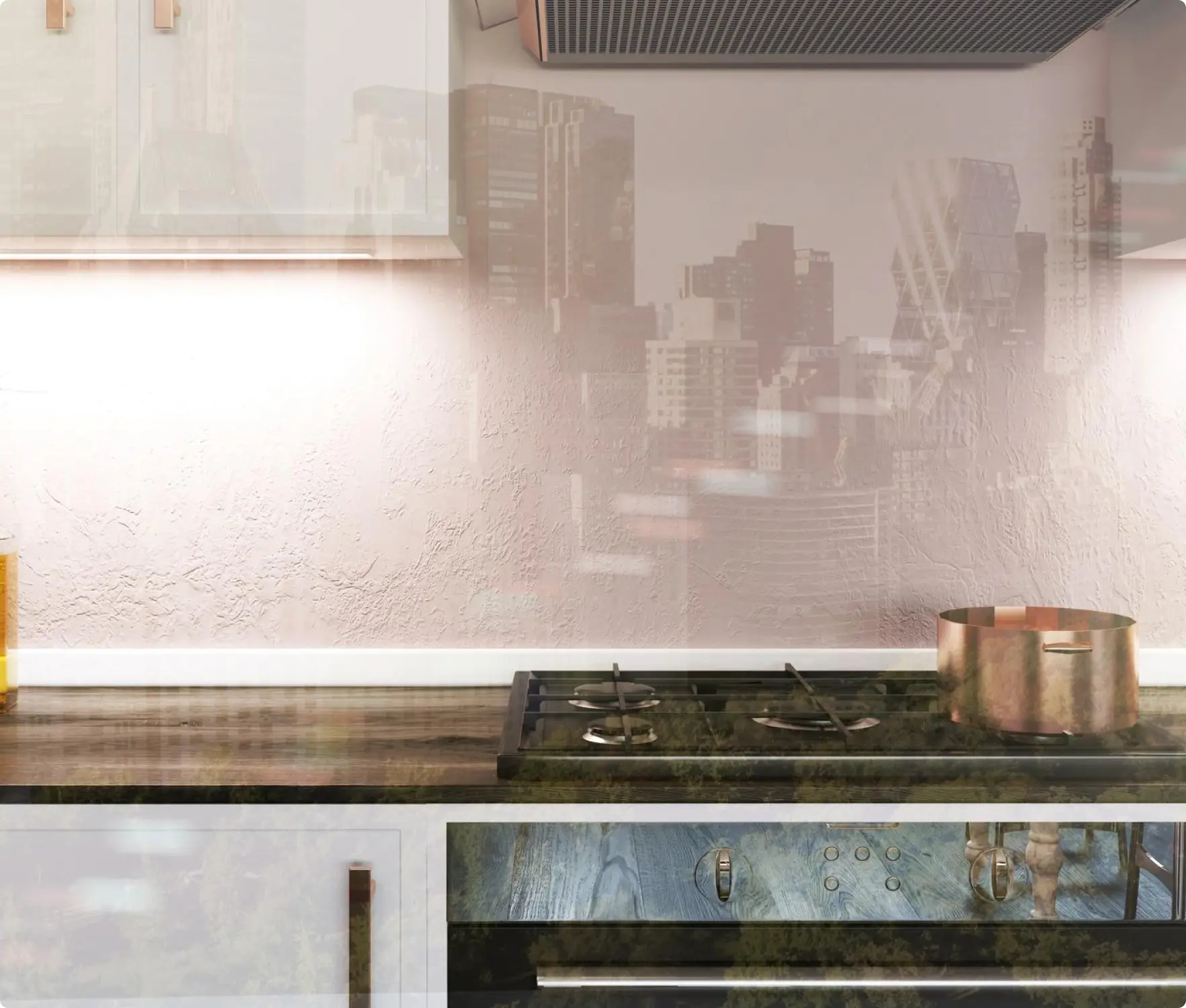 Smooth grout-free glass splashback in a contemporary kitchen