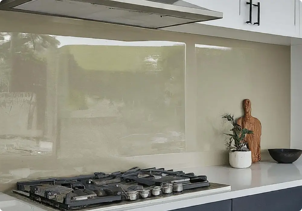 Installer fitting a custom glass splashback in a Northern Rivers kitchen